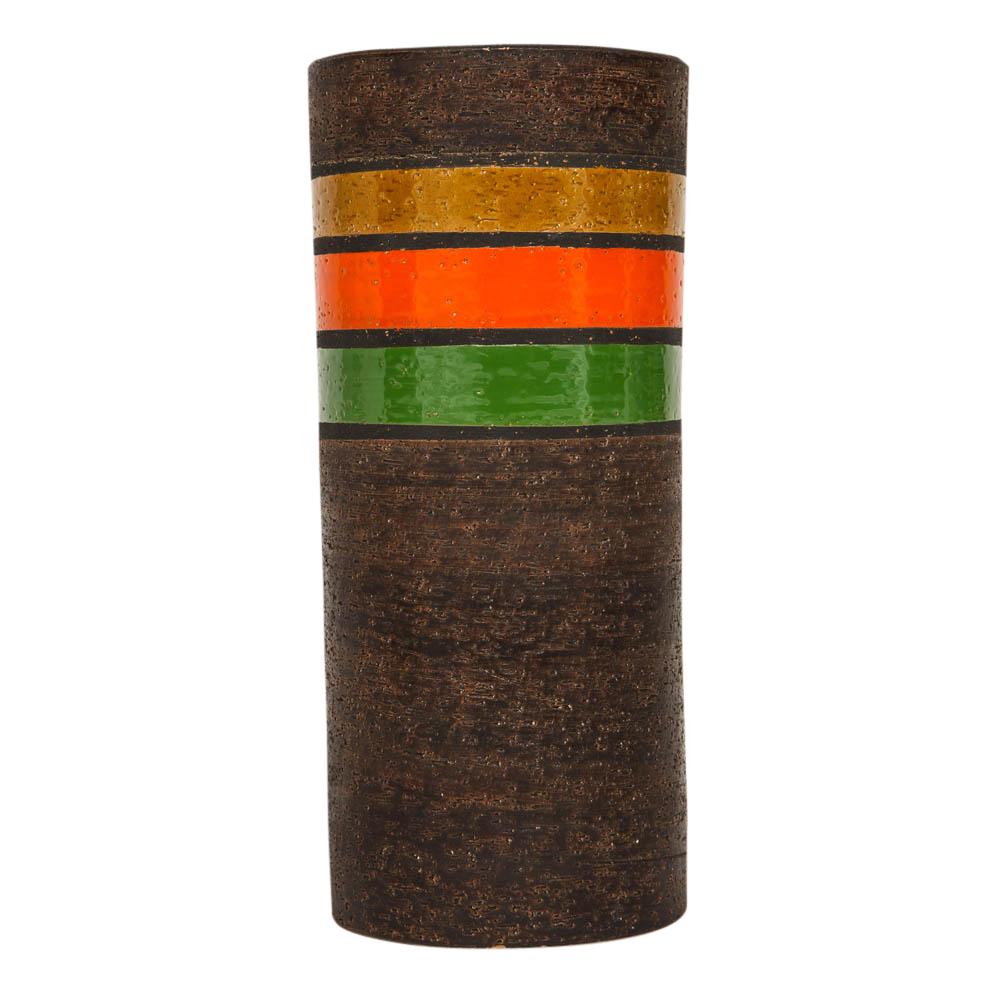 Mid-Century Modern Bitossi Vase, Ceramic, Stripes, Matte Brown, Yellow, Orange, Green  For Sale