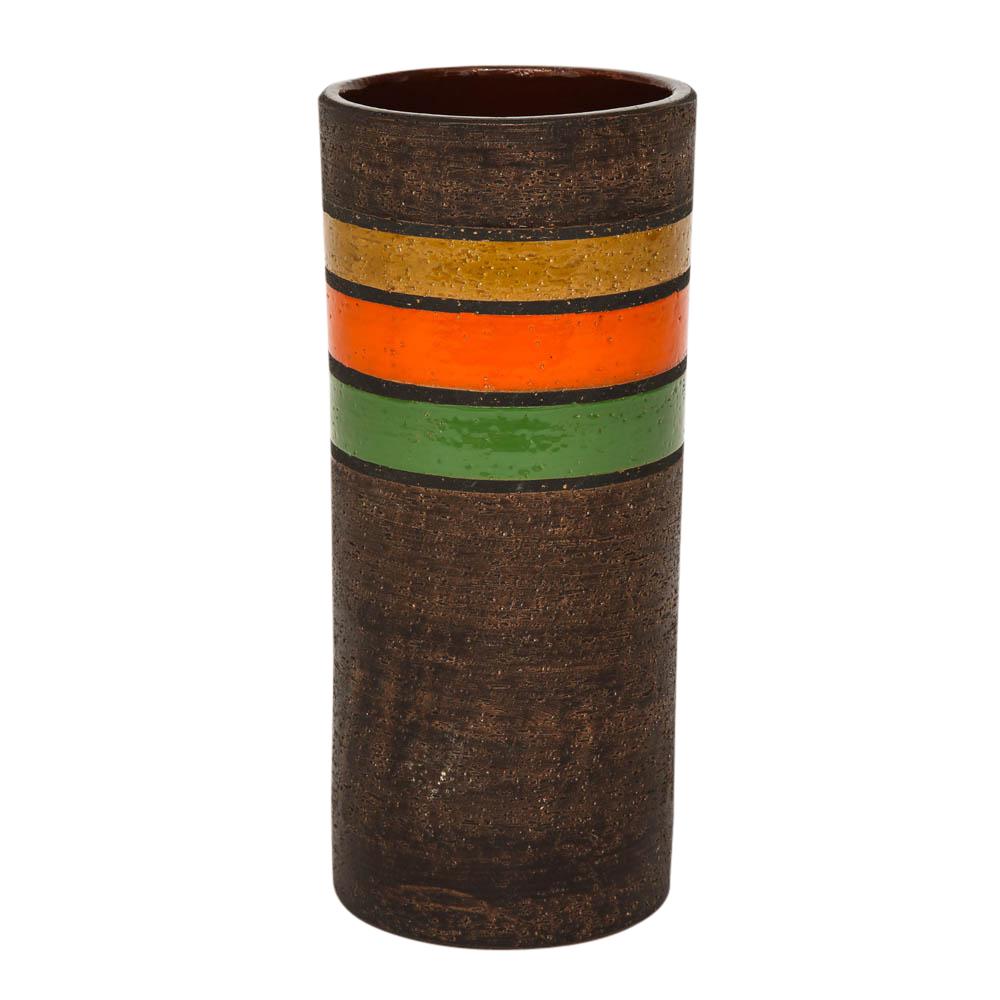 Italian Bitossi Vase, Ceramic, Stripes, Matte Brown, Yellow, Orange, Green  For Sale