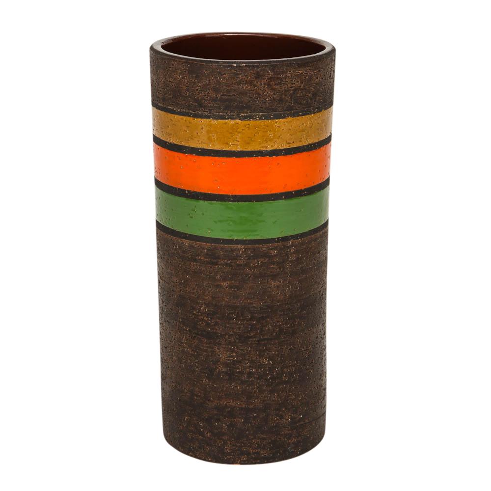 Glazed Bitossi Vase, Ceramic, Stripes, Matte Brown, Yellow, Orange, Green  For Sale