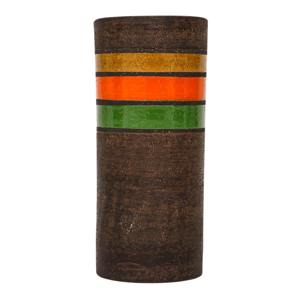 Mid-20th Century Bitossi Vase, Ceramic, Stripes, Matte Brown, Yellow, Orange, Green For Sale