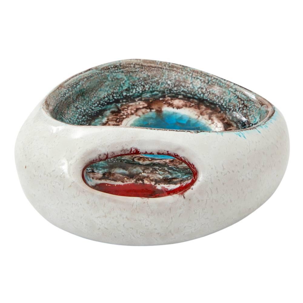 Italian Bitossi Bowl, Ceramic and Fused Glass, White, Blue and Red, Signed