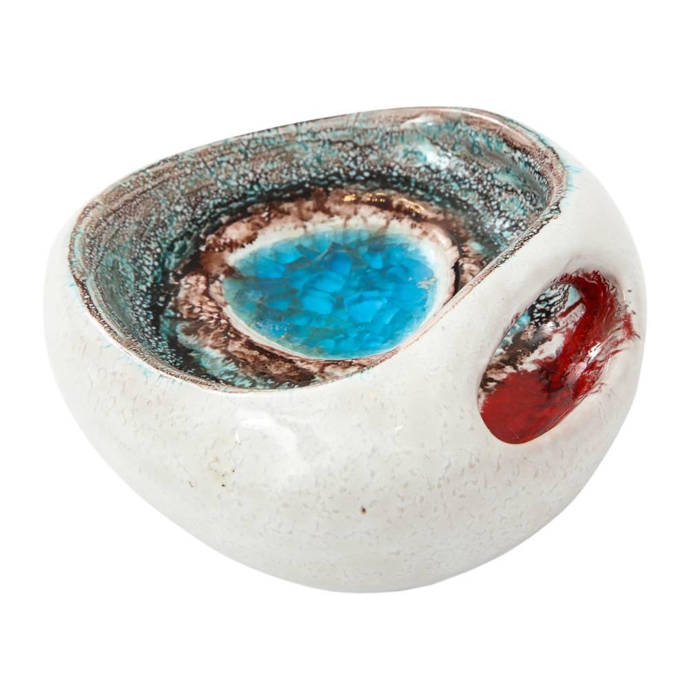 Glazed Bitossi Bowl, Ceramic and Fused Glass, White, Blue and Red, Signed