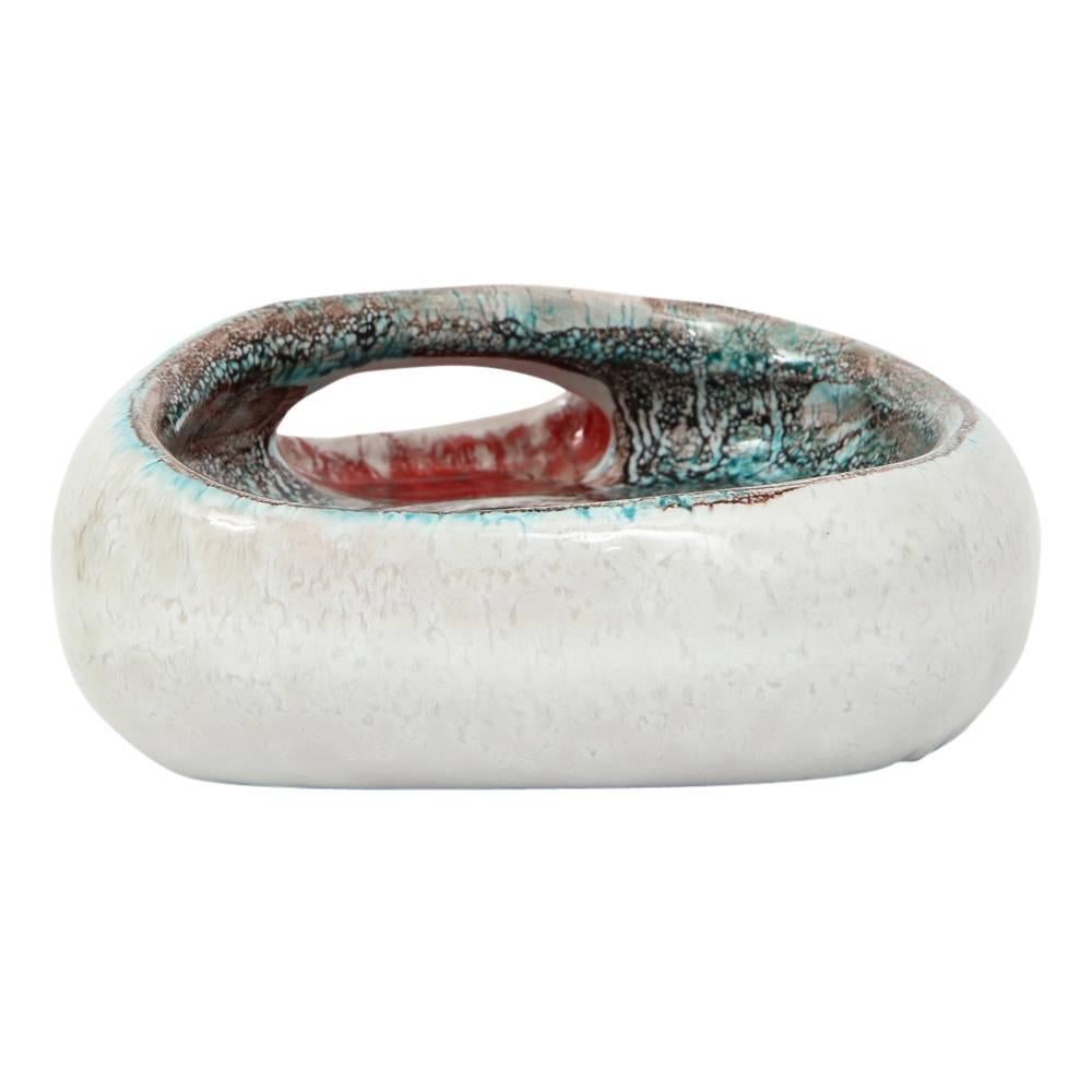 Bitossi Bowl, Ceramic and Fused Glass, White, Blue and Red, Signed In Good Condition In New York, NY