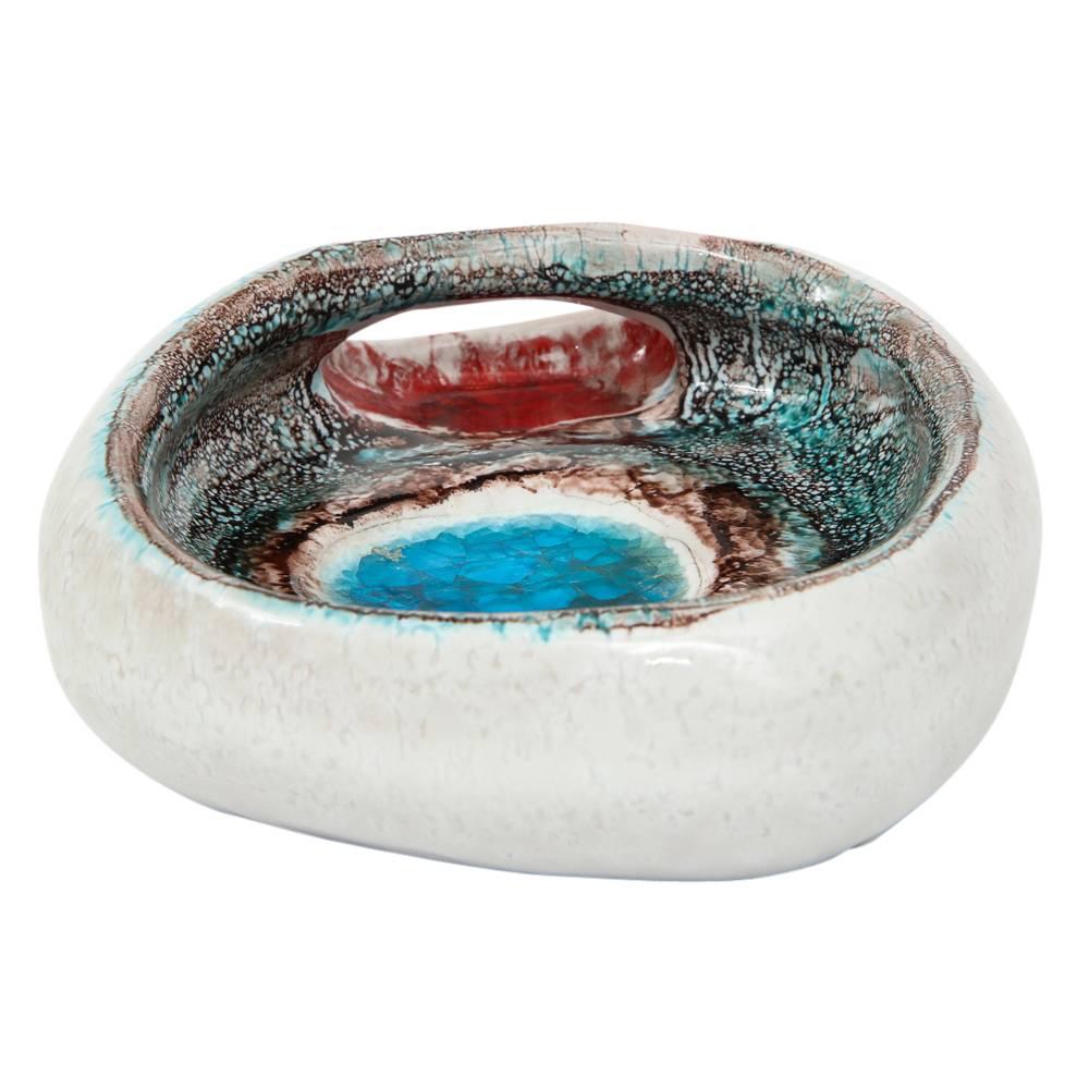 Mid-20th Century Bitossi Bowl, Ceramic and Fused Glass, White, Blue and Red, Signed