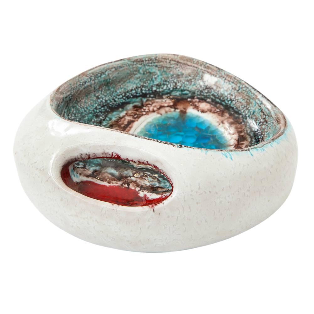 Bitossi Bowl, Ceramic and Fused Glass, White, Blue and Red, Signed 1
