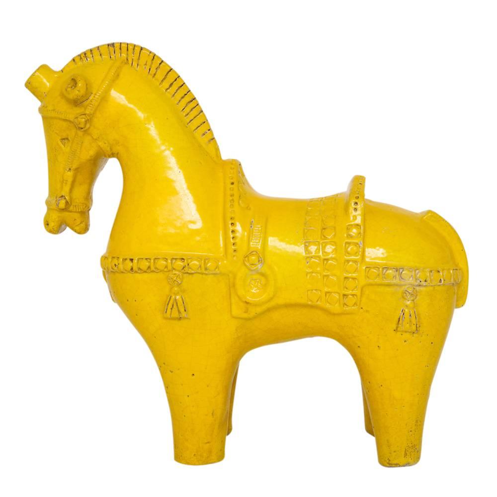 Bitossi Horse Ceramic Sculpture Yellow Signed. At 18 inches in length, this was the largest size Bitossi produced. Marked on the underside of one of the front feet. Some minor chipping to the glaze in spots. Aldo Londi was Bitossi's head designer