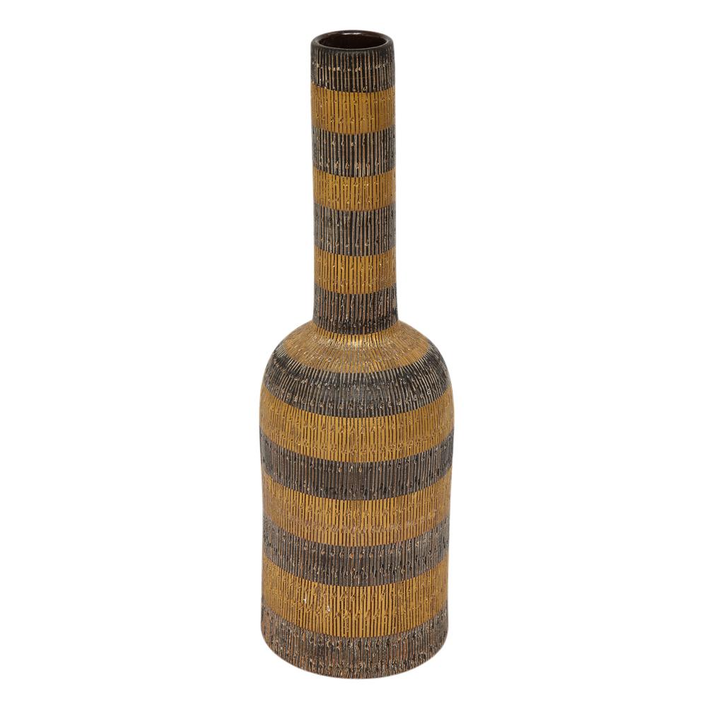 Aldo Londi Bitossi Seta Vase, Gold Stripes, Signed. Tall hand thrown bottle form vase, with textured horizontal bands of gold and dark bronze, from Aldo Londi's Seta (silk) series. Marked on underside: 95/552 Italy. Minor wear to neck, just below