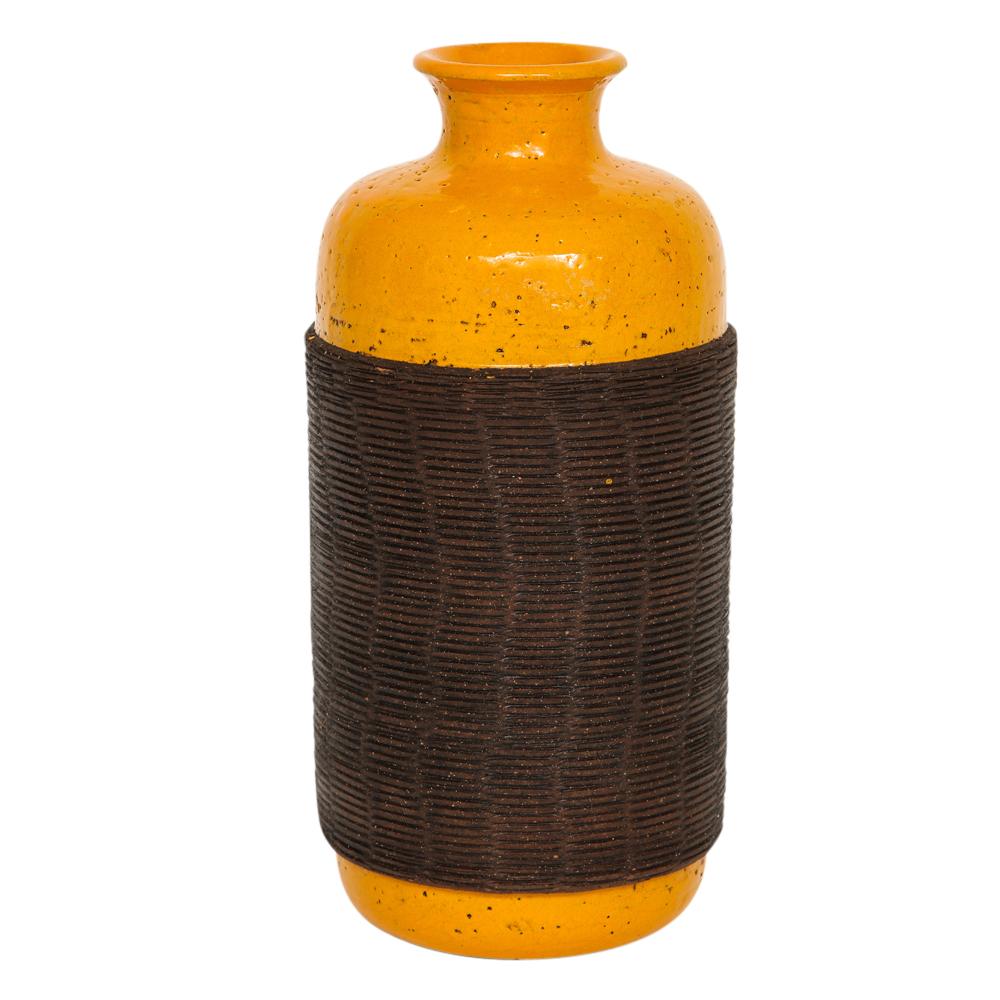 Bitossi Vase, Ceramic Orange Brown, Rosenthal Netter, Signed. Medium to large-scale chunky beer bottle form vase with orange under glaze and a banded with an applied chocolate brown textured decoration. Retains original label on underside which