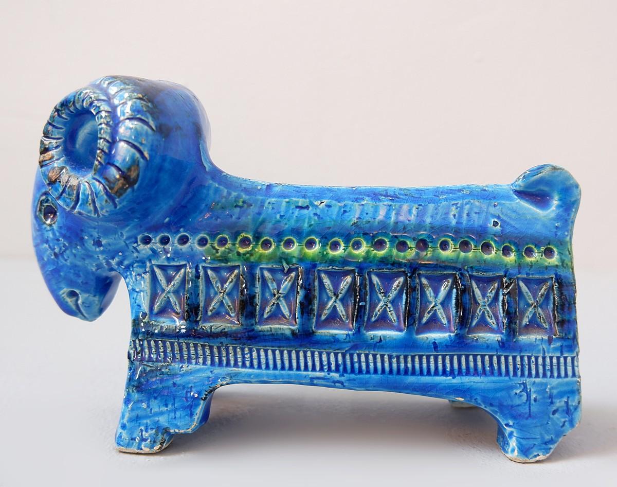 Mid-Century Modern Bitossi Ceramic Rimini Blu Ram Figurine by Aldo Londi