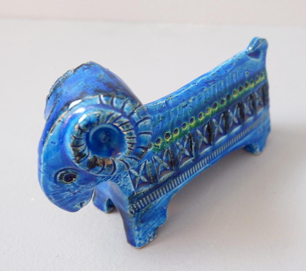 Italian Bitossi Ceramic Rimini Blu Ram Figurine by Aldo Londi