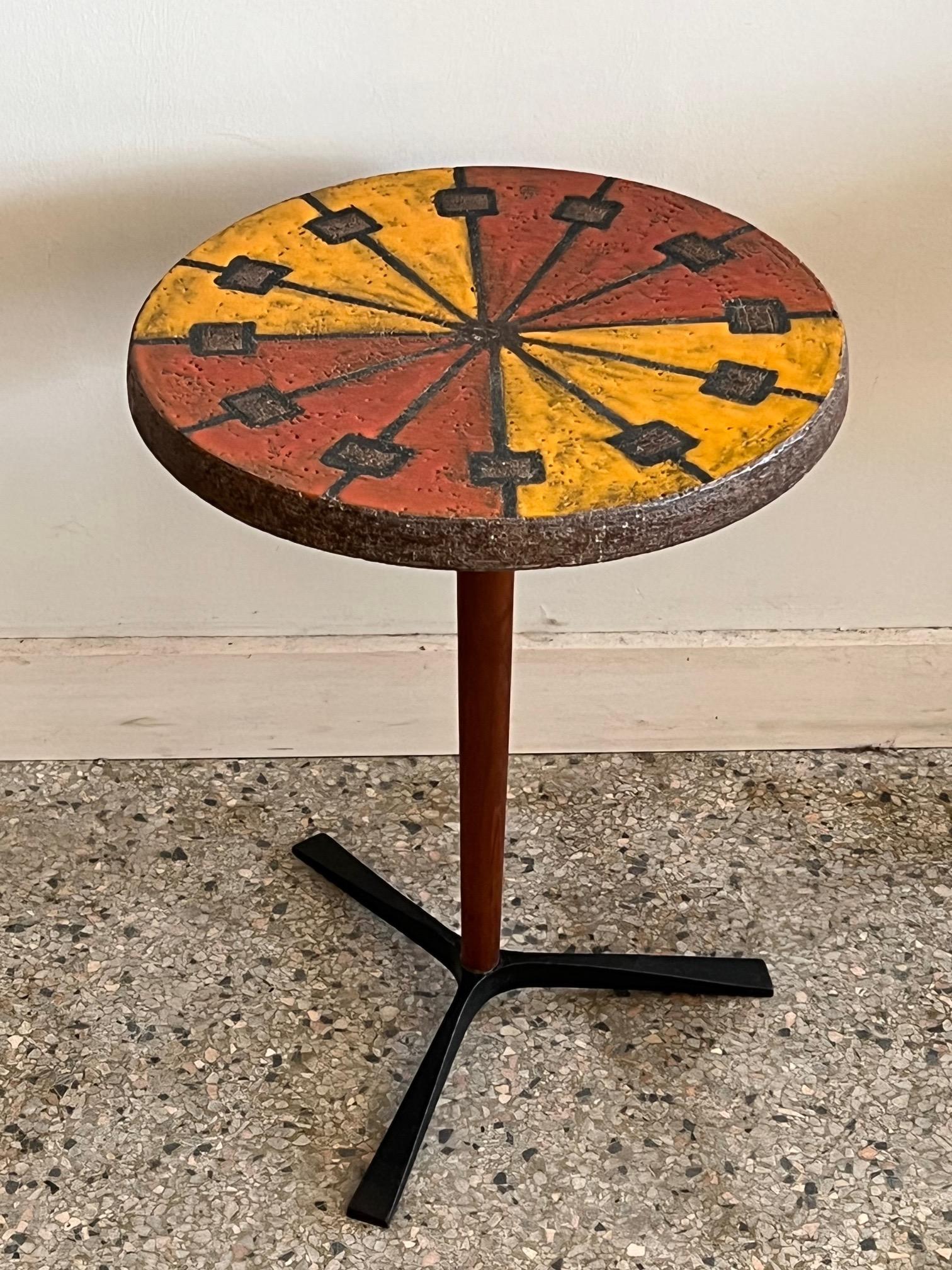 Unusual side table or gueridon by Aldo Londi for Bitossi, Italy, 1960's. Ceramic on walnut/iron tripod base.