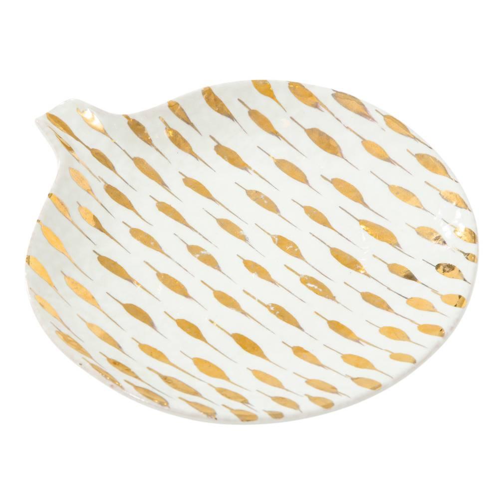 Italian Bitossi Ceramic Tray Dish Gold Piume Feather Signed Italy, 1960s