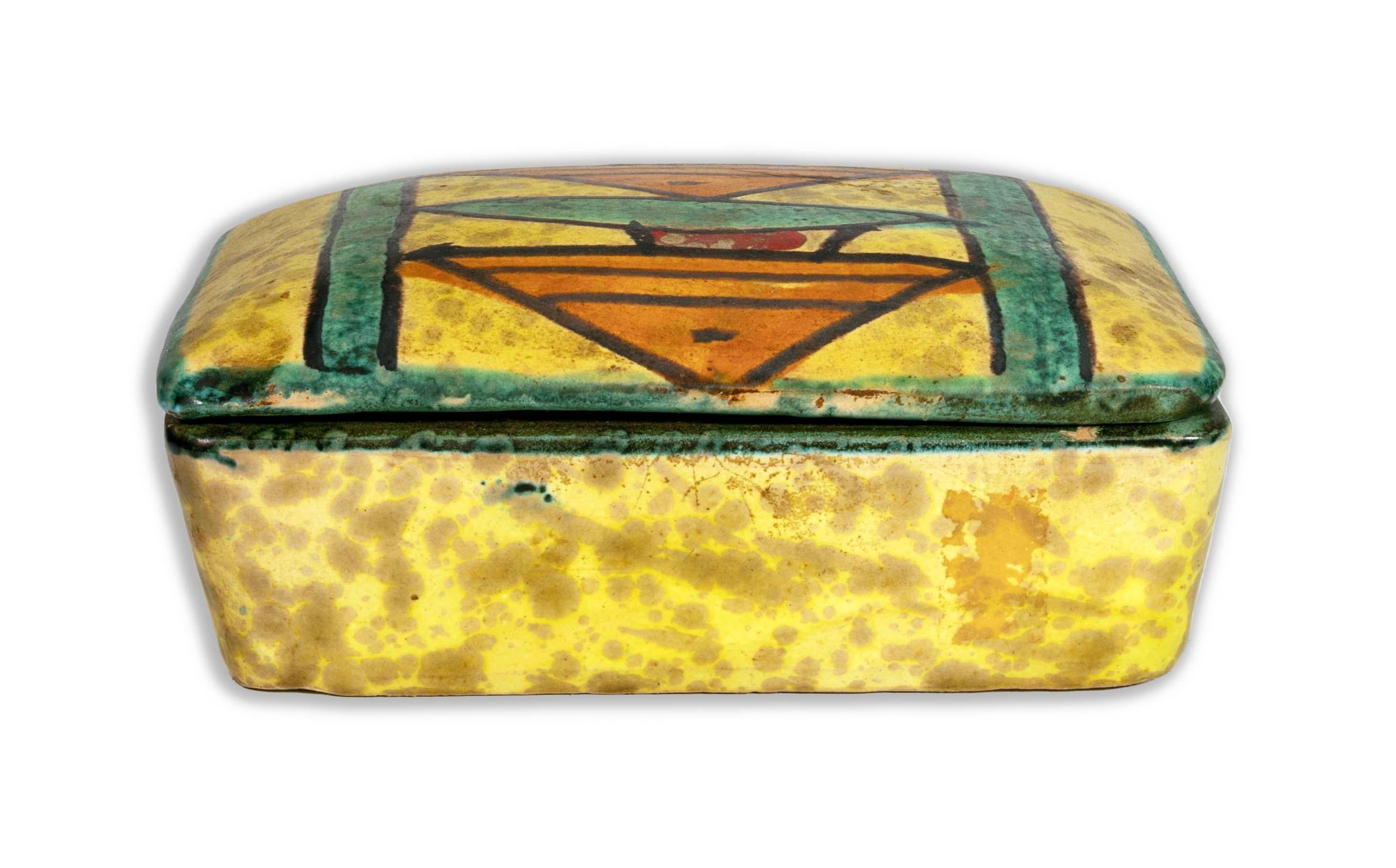 Italian Bitossi Ceramic Trinket Box and Vase with Abstract Fish Pattern Made in Italy For Sale