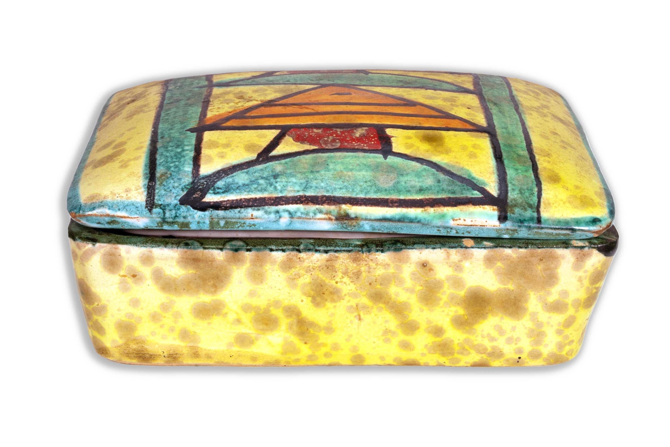 Pottery Bitossi Ceramic Trinket Box and Vase with Abstract Fish Pattern Made in Italy For Sale
