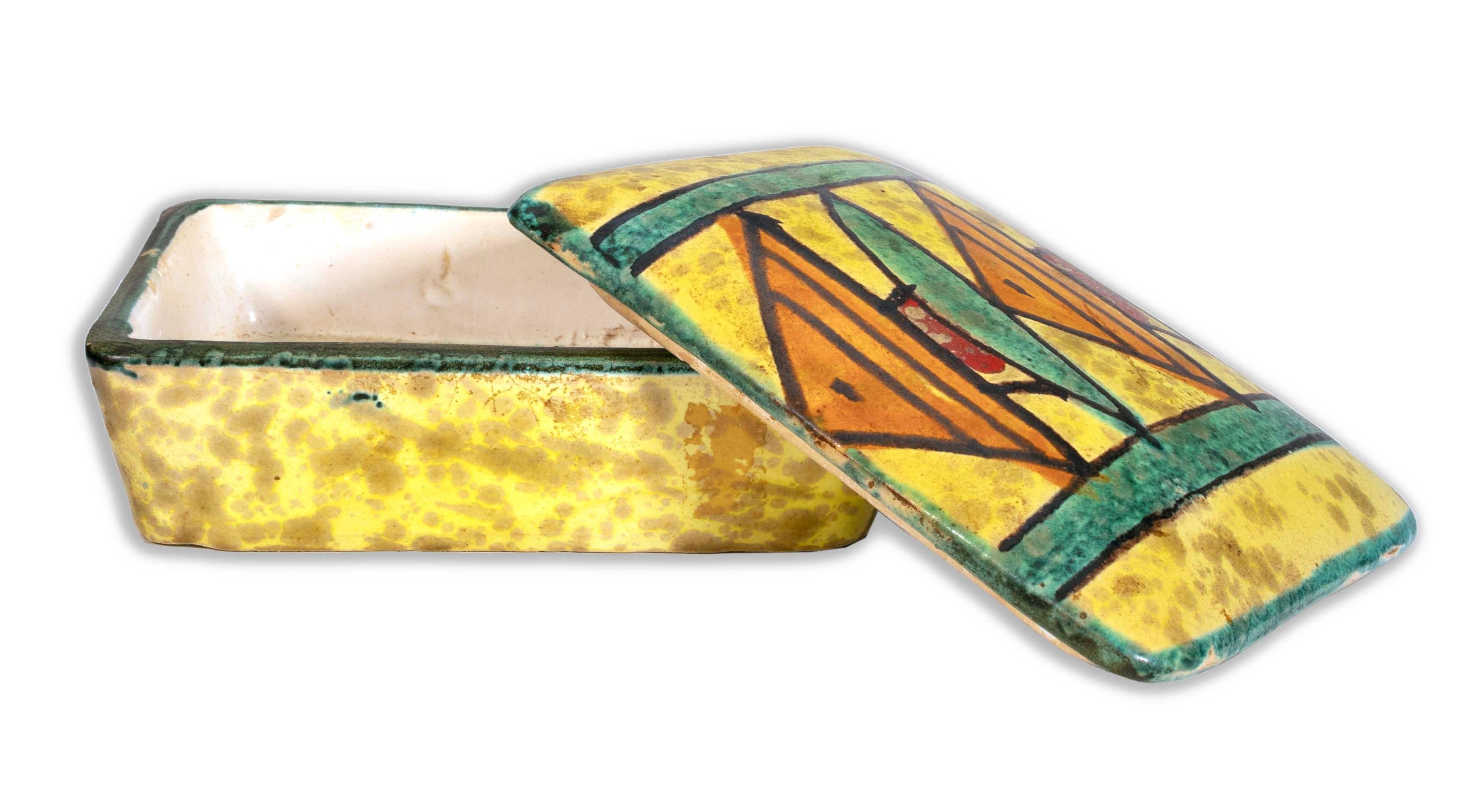 Bitossi Ceramic Trinket Box and Vase with Abstract Fish Pattern Made in Italy For Sale 1