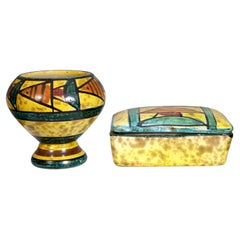 Bitossi Ceramic Trinket Box and Vase with Abstract Fish Pattern Made in Italy
