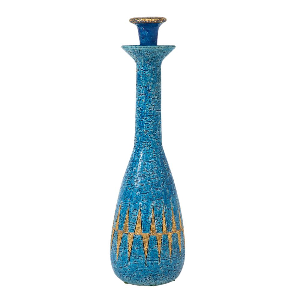 Bitossi vase, ceramic, blue, gold, geometric, signed. Tall bottle form vase decorated with repeating gold glazed triangular pattern over 