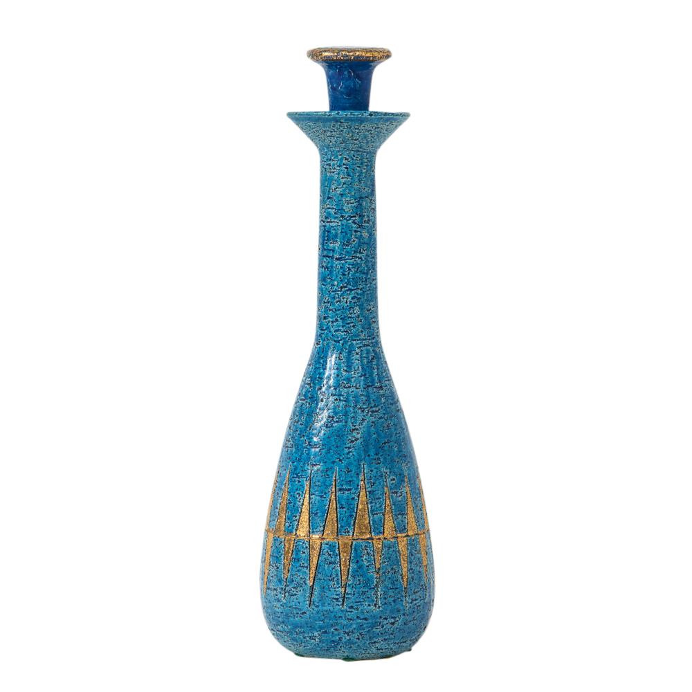Mid-Century Modern Bitossi Vase, Ceramic, Blue, Gold, Geometric, Signed For Sale
