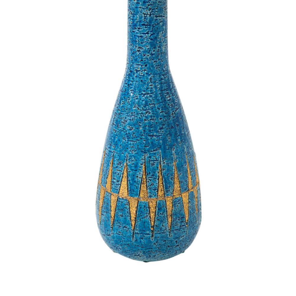 Italian Bitossi Vase, Ceramic, Blue, Gold, Geometric, Signed For Sale
