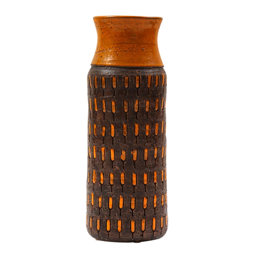 Bitossi Vase Ceramic Orange Chocolate Brown Incised Signed. Medium scale pottery vase with orange glazed neck and flared lip and coarse chocolate brown clay body decorated with a pattern of orange incised pill shaped forms. Signed on the underside: