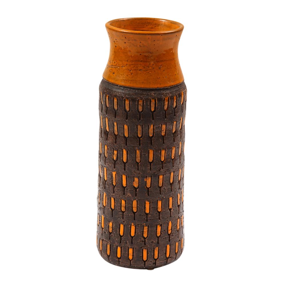 Mid-Century Modern Bitossi Vase Ceramic Orange Chocolate Brown Incised Signed 