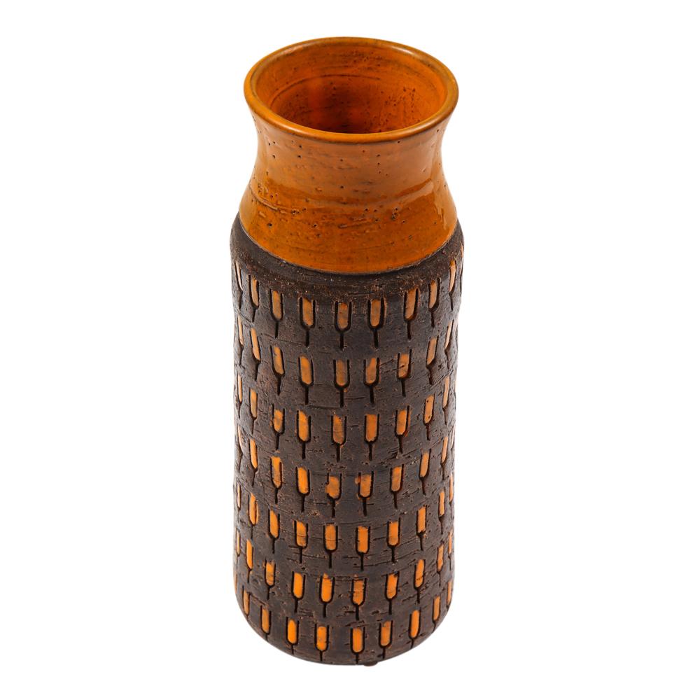 Italian Bitossi Vase Ceramic Orange Chocolate Brown Incised Signed 