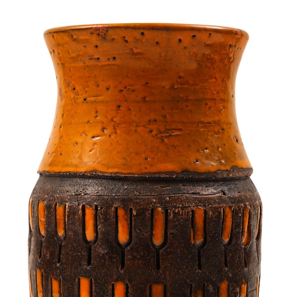 Glazed Bitossi Vase Ceramic Orange Chocolate Brown Incised Signed 