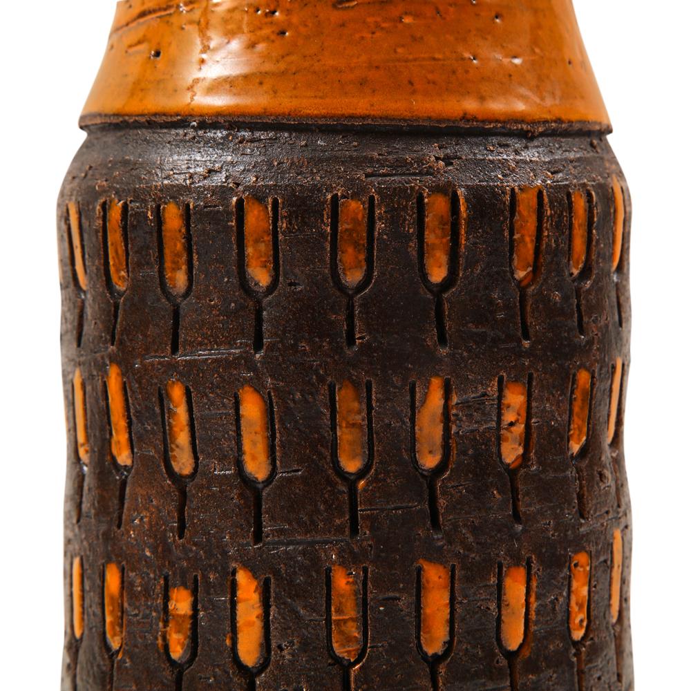 Mid-20th Century Bitossi Vase Ceramic Orange Chocolate Brown Incised Signed 