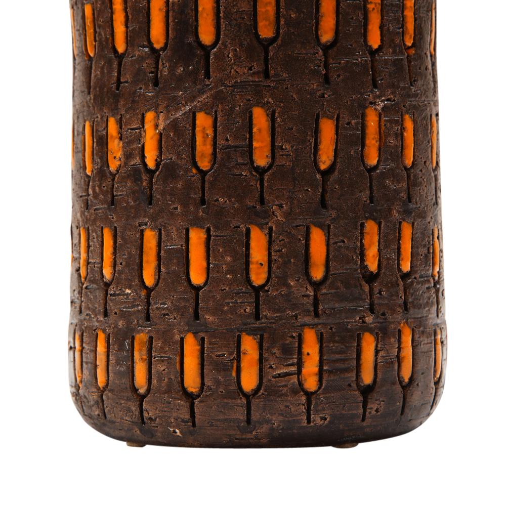 Bitossi Vase Ceramic Orange Chocolate Brown Incised Signed  1