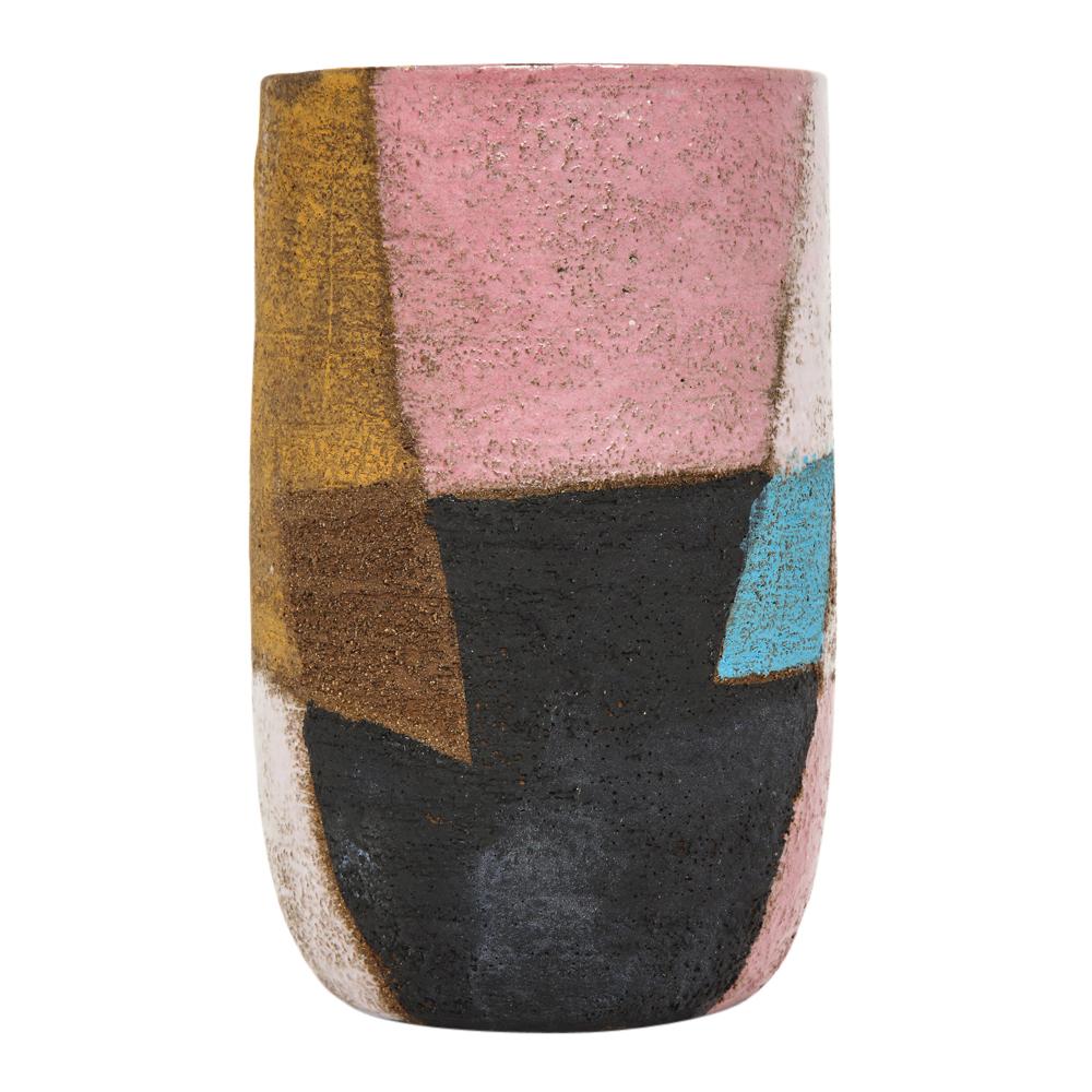 Glazed Bitossi Ceramic Vase Patchwork Pink Blue Black Signed Italy, 1960s