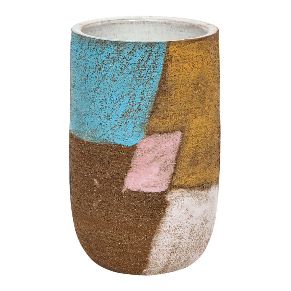 Bitossi Ceramic Vase Patchwork Pink Blue Black Signed Italy, 1960s In Good Condition In New York, NY