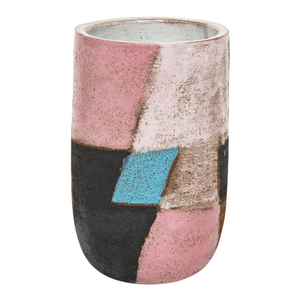 Bitossi Ceramic Vase Patchwork Pink Blue Black Signed Italy, 1960s