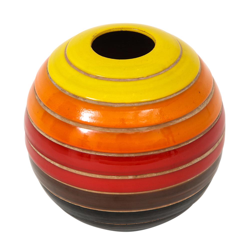 Bitossi ceramic vase spherical stripes signed, Italy, 1960s. Spherical ceramic vase with glazed graduated bands of colors: yellow, orange, red, brown and black. Signed on underside: 8544 Italy. Minor loss to inside rim (photo 3).