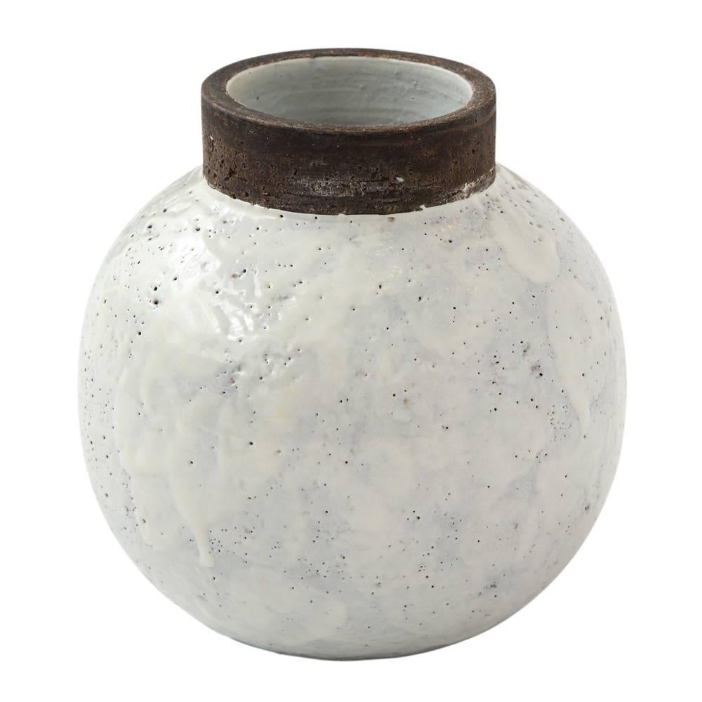 Bitossi White Ceramic Vase White Brown Pottery Signed. Small vase with brown glazed collar and white glazed spherical body. Marked on underside: 4028 C Italy.