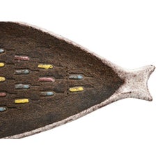 Bitossi Fish Tray, Ceramic, White, Matte Brown, Pink, Blue, Incised, Signed