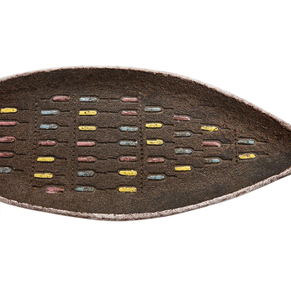 Mid-Century Modern Bitossi Fish Tray, Ceramic, White, Matte Brown, Pink, Blue, Incised, Signed For Sale