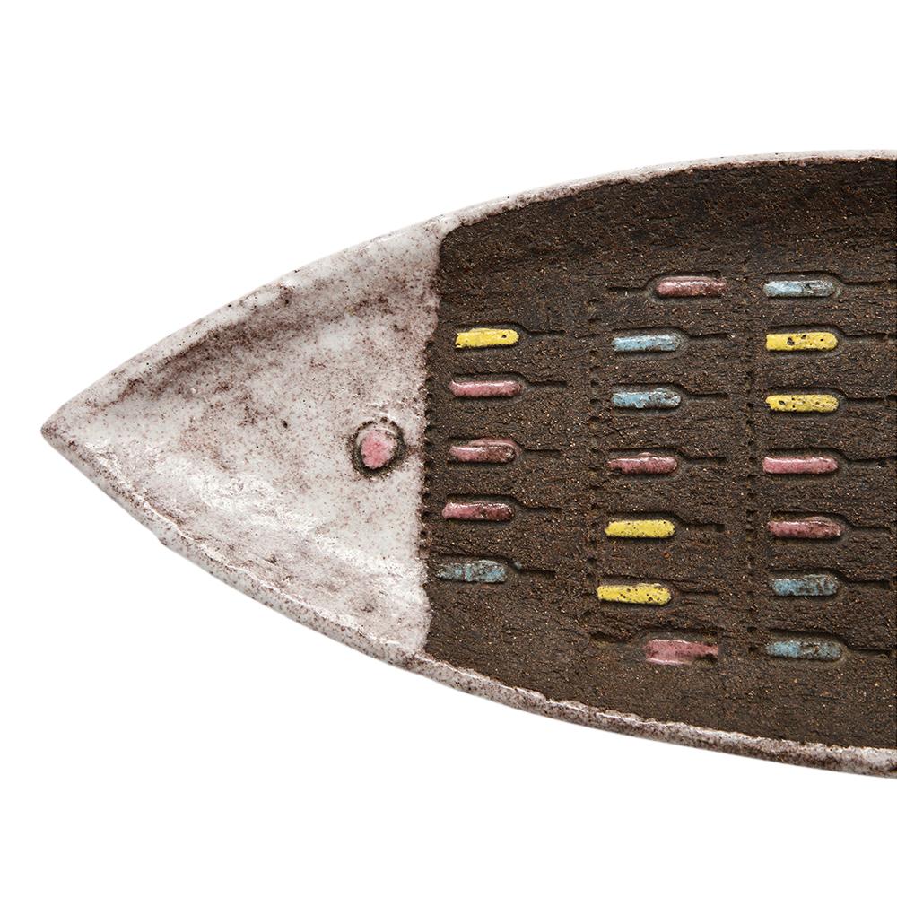 Italian Bitossi Fish Tray, Ceramic, White, Matte Brown, Pink, Blue, Incised, Signed For Sale