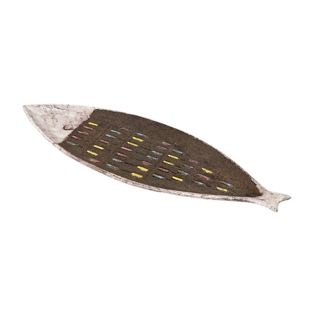 Glazed Bitossi Fish Tray, Ceramic, White, Matte Brown, Pink, Blue, Incised, Signed For Sale