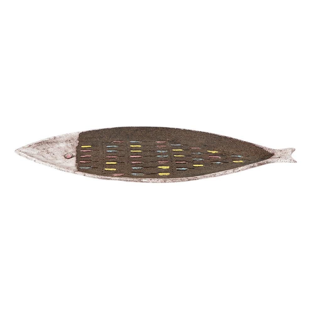 Bitossi Fish Tray, Ceramic, White, Matte Brown, Pink, Blue, Incised, Signed In Good Condition For Sale In New York, NY