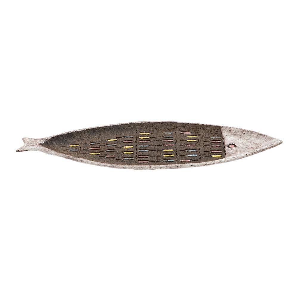 Bitossi Fish Tray, Ceramic, White, Matte Brown, Pink, Blue, Incised, Signed For Sale 2