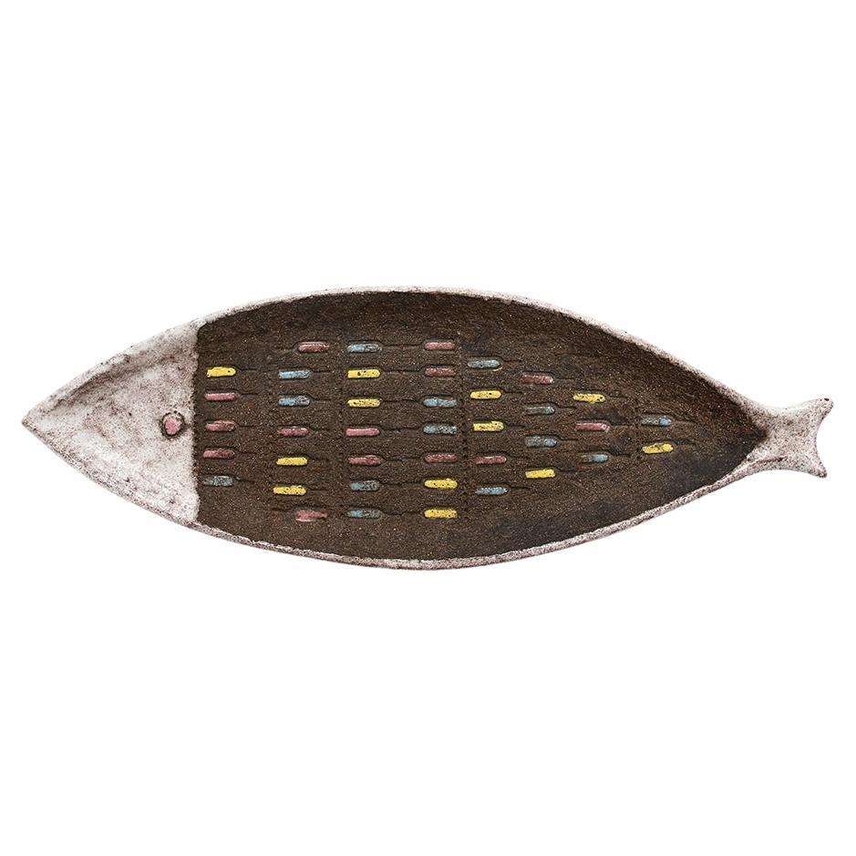 Bitossi Fish Tray, Ceramic, White, Matte Brown, Pink, Blue, Incised, Signed For Sale