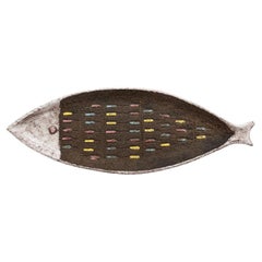 Bitossi Fish Tray, Ceramic, White, Matte Brown, Pink, Blue, Incised, Signed