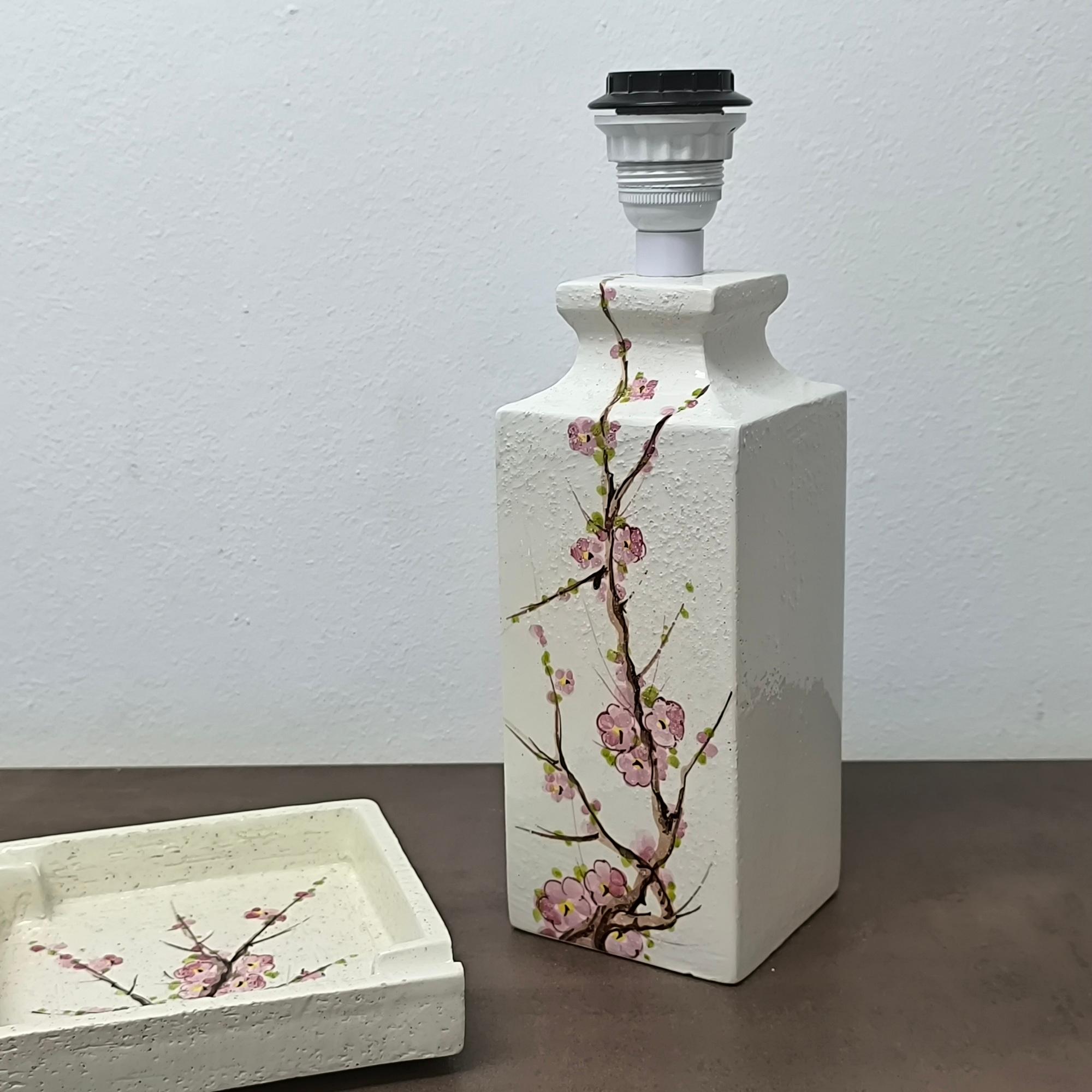 Bitossi Flavia Set Table Lamp and Ashtray - Vide Poche with Cherry Blossom Motif For Sale 2