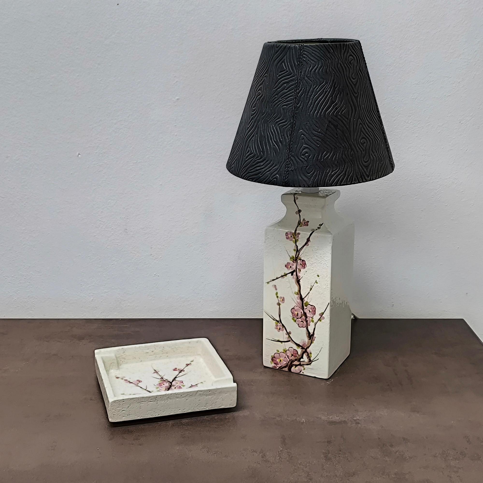 Mid-Century Modern Bitossi Flavia Set Table Lamp and Ashtray - Vide Poche with Cherry Blossom Motif For Sale