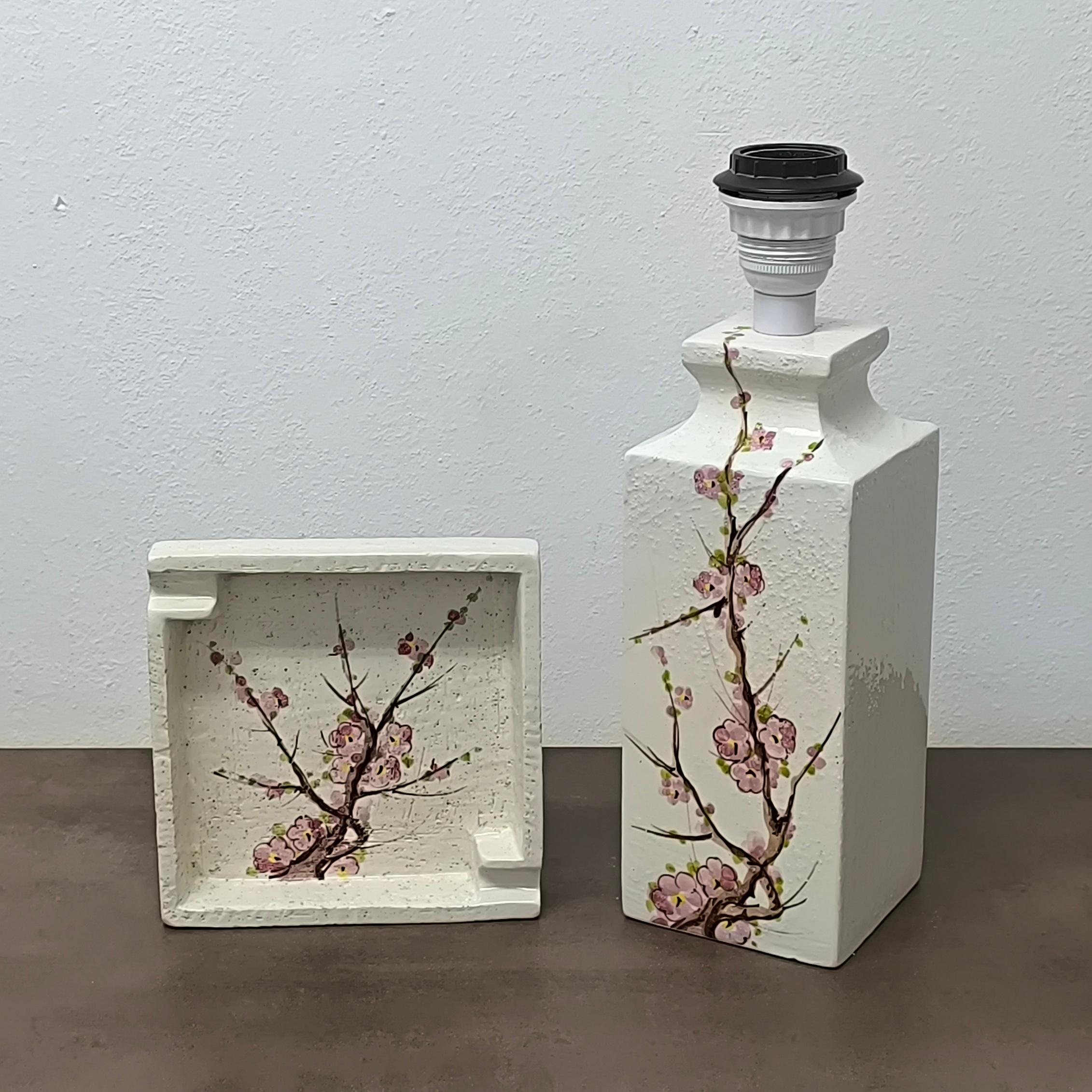 Italian Bitossi Flavia Set Table Lamp and Ashtray - Vide Poche with Cherry Blossom Motif For Sale