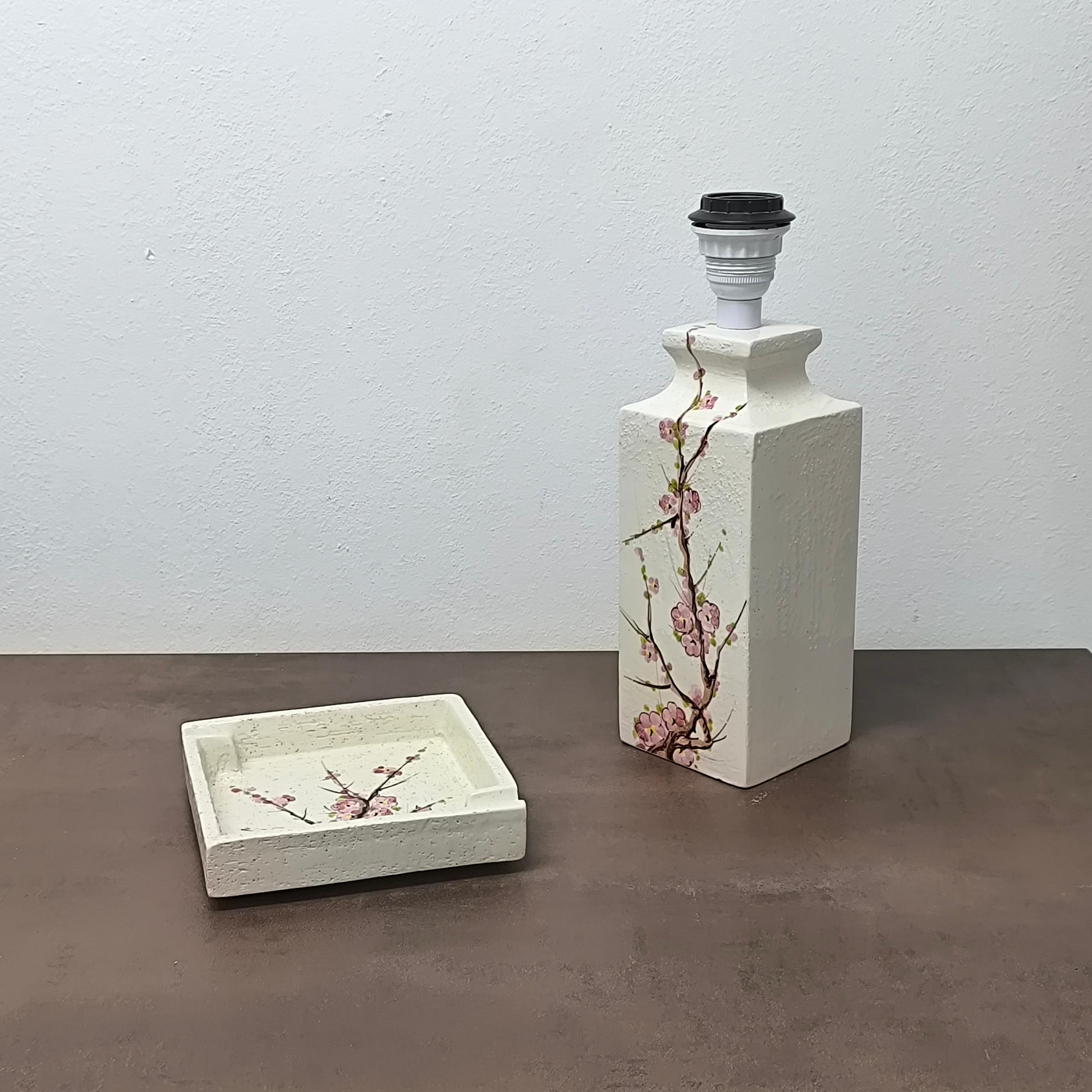 Glazed Bitossi Flavia Set Table Lamp and Ashtray - Vide Poche with Cherry Blossom Motif For Sale