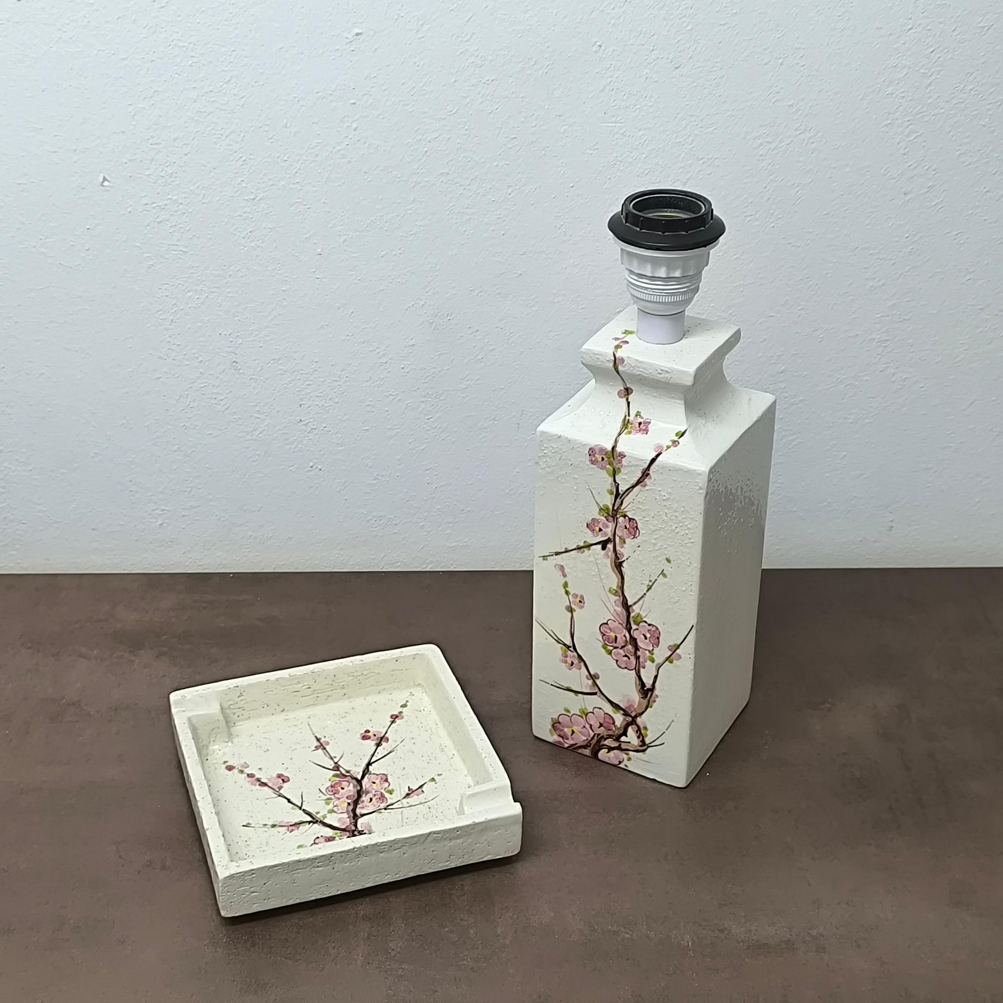 Bitossi Flavia Set Table Lamp and Ashtray - Vide Poche with Cherry Blossom Motif In Good Condition For Sale In Bochum, NRW