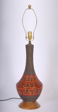 Aldo Londi Dark Cocoa Pottery Table Lamp with Glazed Red & Orange Geometrics