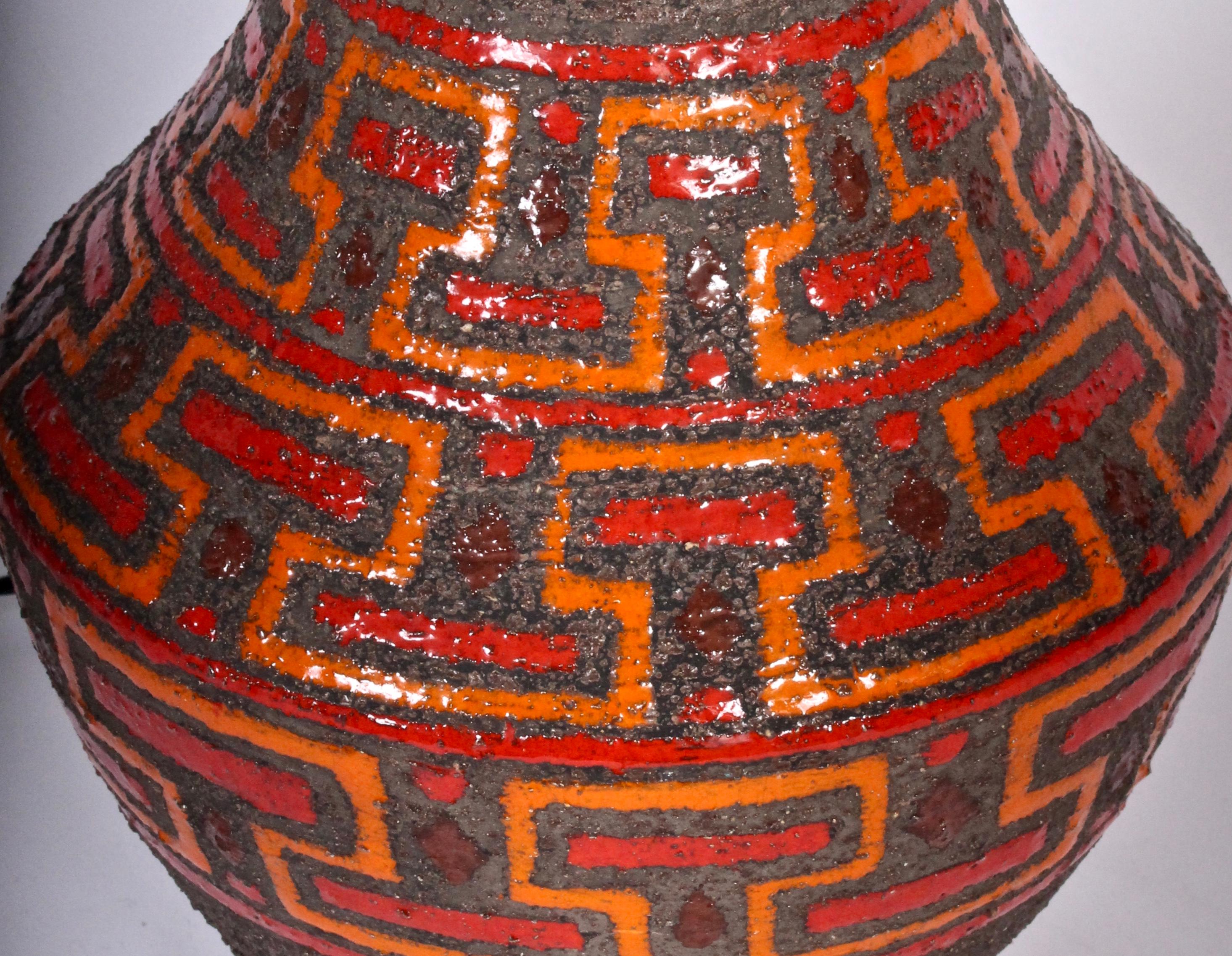 Italian Aldo Londi Brown Pottery Table Lamp with Glazed Red & Orange Geometrics For Sale