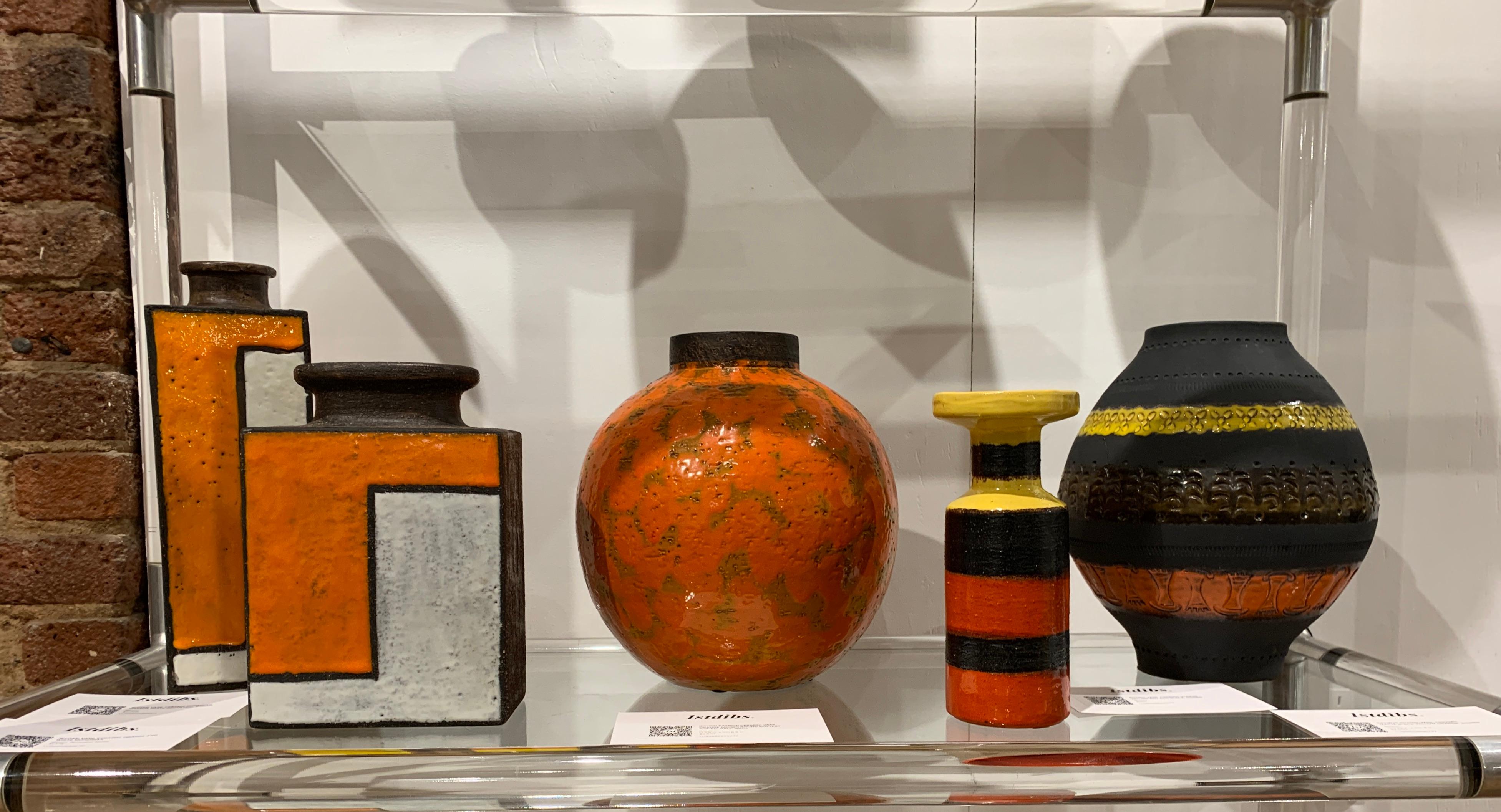 Bitossi for Raymor Vase, Ceramic, Matte Black, Yellow, Orange, Stripes, Signed 8